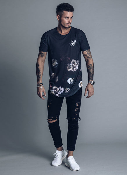 SikSilk Longline T-Shirt With Curved Hem and Rose Back Print - Black -  Fashion Shop