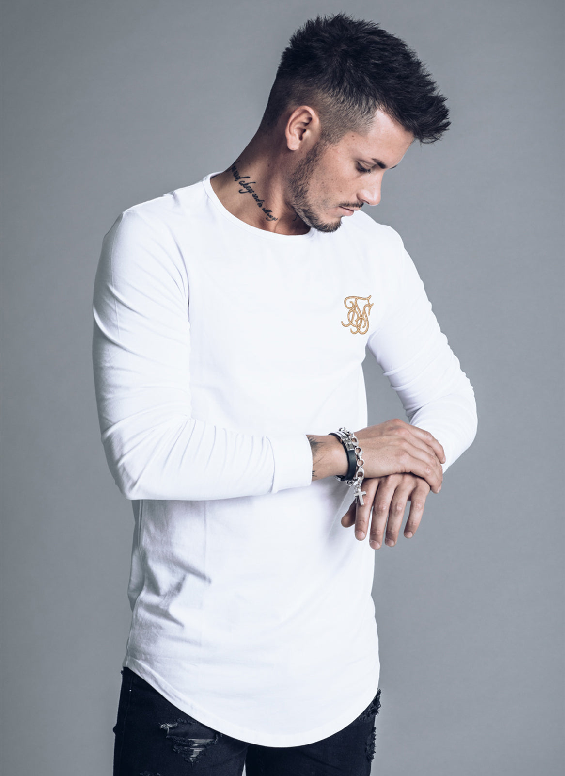 SikSilk Long Sleve Gym T-shirt - White and Gold
