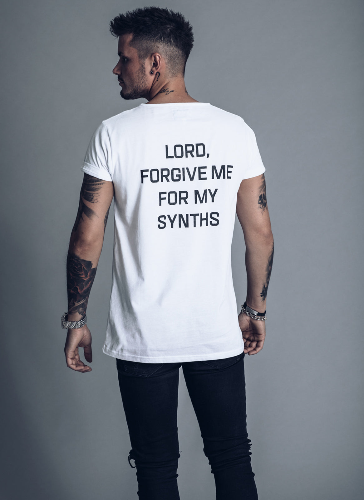 Lord forgive me for my synths - White T-shirt - We Love Techno