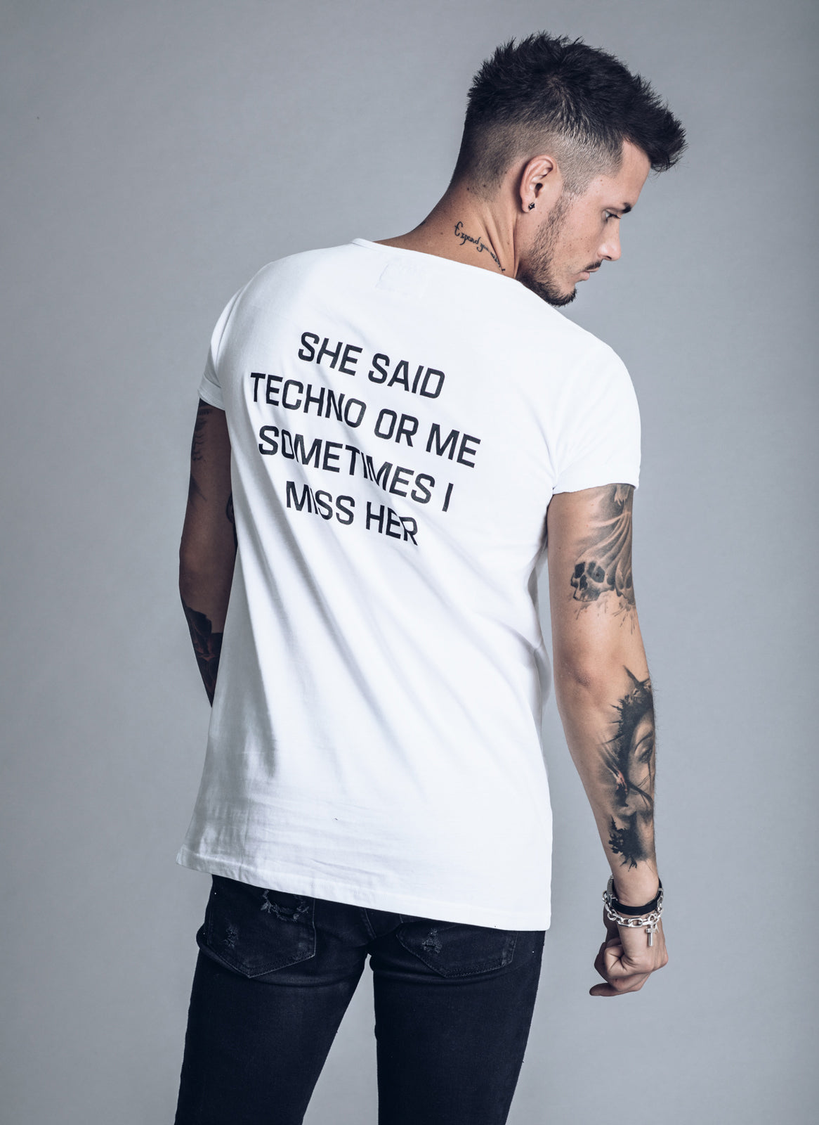 She Said Techno or Me Sometimes I Miss Her - White T-shirt - We Love Techno