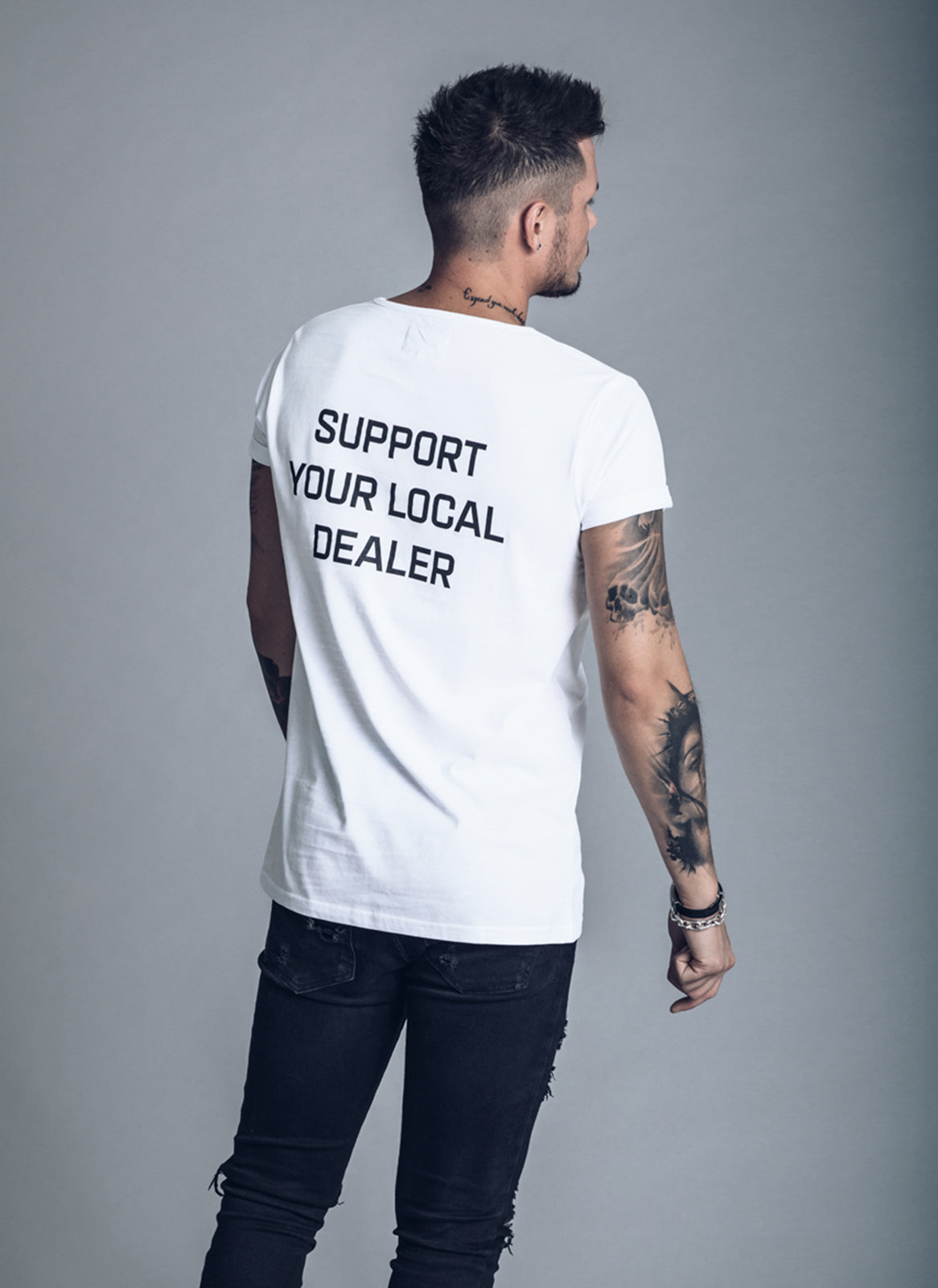 Support Your Local Dealer - White T-shirt - We Love Techno
